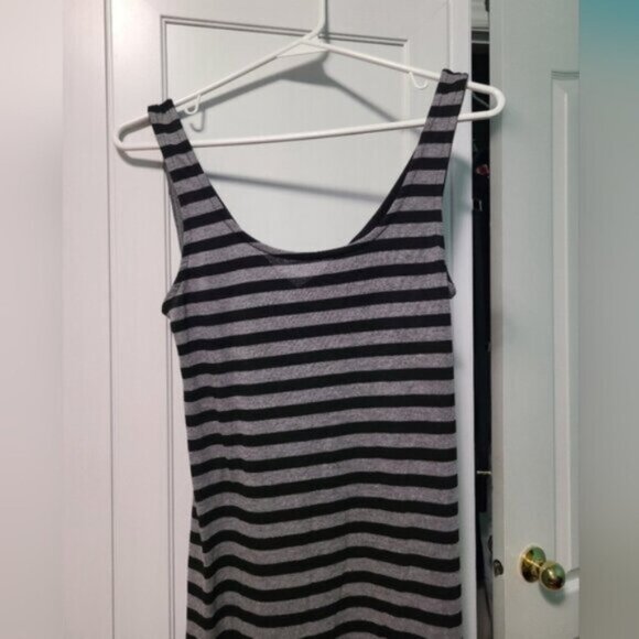 VENUS Black Grey Striped Side Slit Cut Out Back Casual Summer Maxi Dress Small - Picture 6 of 12